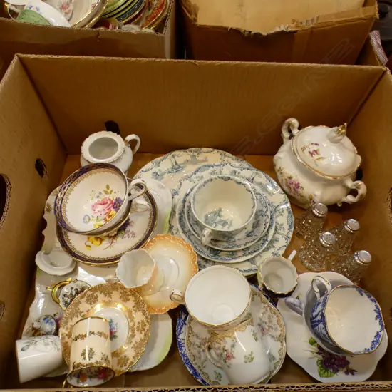 BOX LOT ASST CHINA & GLASS INCL SHELLEY C&S, ROYAL ALBERT,  DELPH ETC..