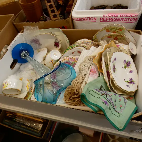 BOX LOT ASST. CHINA & LINENS ETC