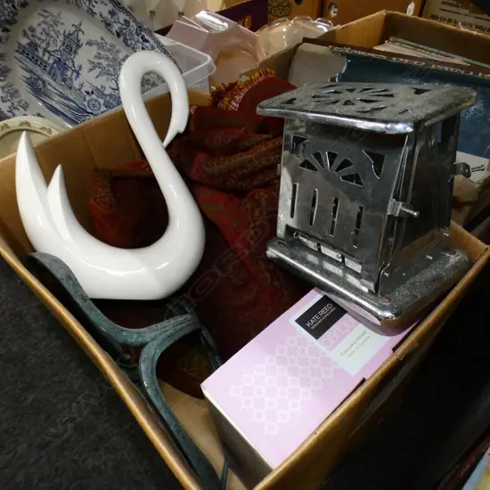 BOX LOT RED FABRIC, SWAN VASE, OLD TOASTER ETC