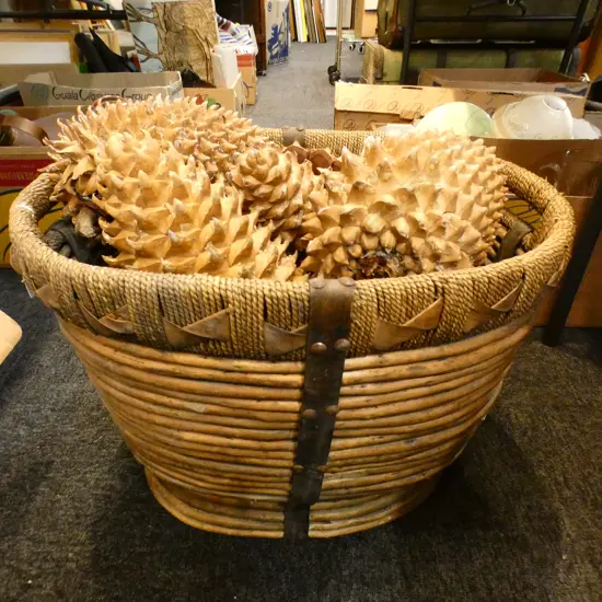 RUSTIC BASKET w. GIANT COULTER PINE CONES