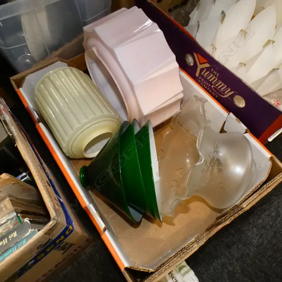 BOX LOT VINTAGE LIGHT SHADES; DECO ETC