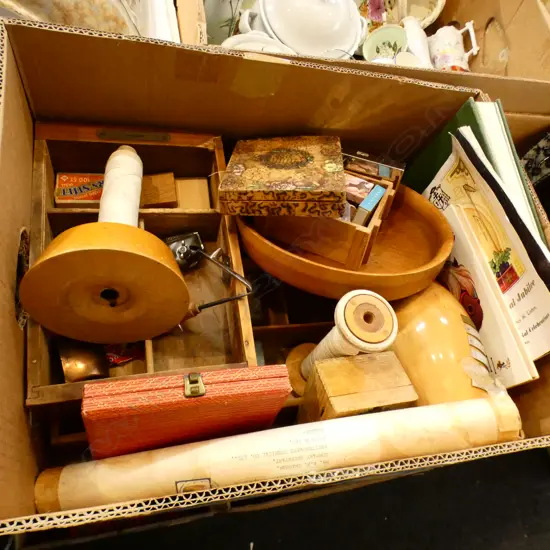 BOX MISC INCL SEWING BOX CONTENTS, OLD BOWLING PIN TROPHY, BOOKS ETC..