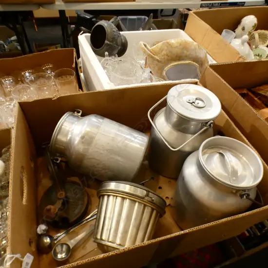 BOX MISC INCL 3 ALUMINIUM MILK BUCKETS W LIDS / OLD METAL BEAN SLICER ETC..