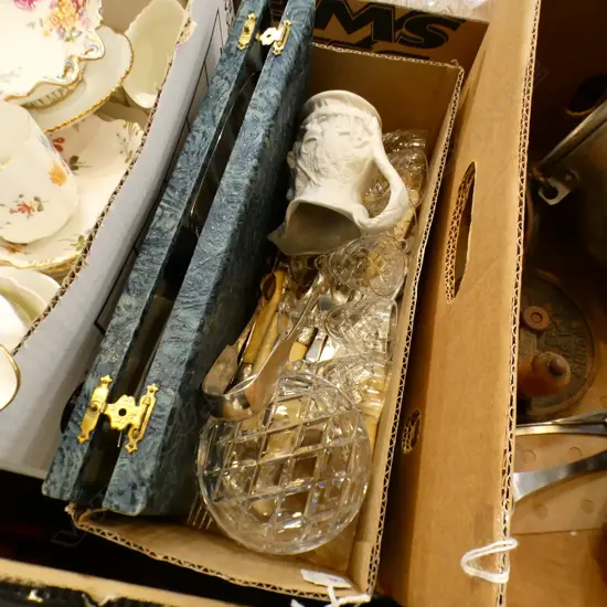 BOX LOT CRYSTAL, FISH KNIVES SET, ETC