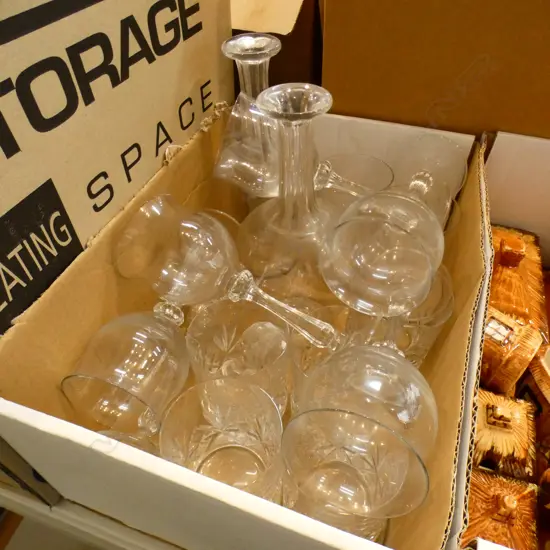 BOX LOT ASST. CRYSTAL; 5 TUMBLERS, WINE GLASSES, PR DECANTERS (STOPPER AF)