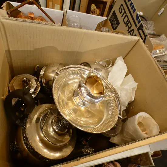 LARGE BOX OF EP ITEMS INCL COFFEE POTS + SALTS BOTTLE + TUDRIC PEWTER JUG  