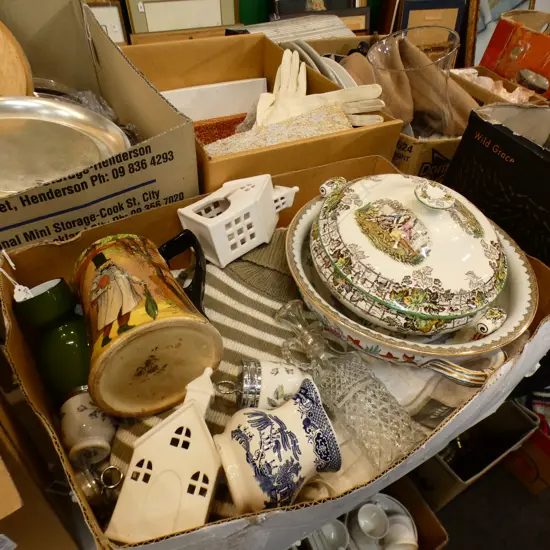 BOX LOT TOWELS, TUREEN ETC