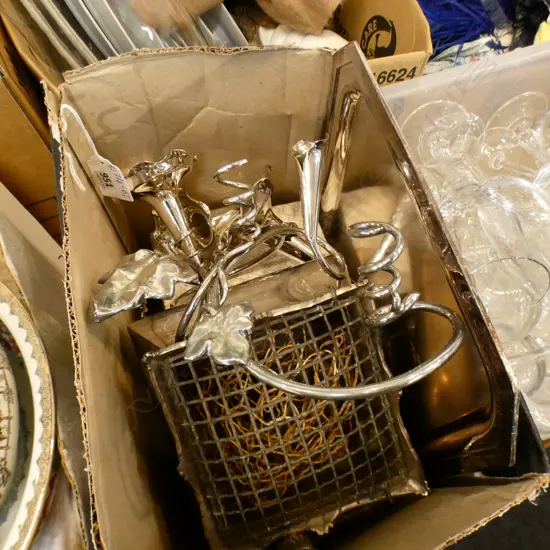 BOX OF SILVERPLATE INCLUDES BOXED TEASPOONS FORKS HANDMIRROR AND ROSEBOWL