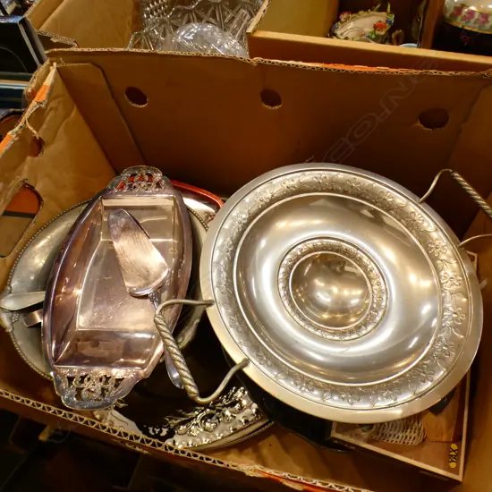 BOX LOT ASST INCL SILVER PLATE TRAYS, PLATES ETC..