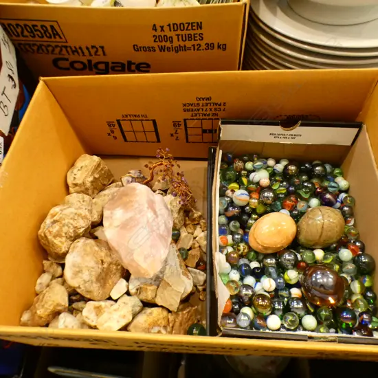BOX LOT MARBLES, CRYSTALS ETC