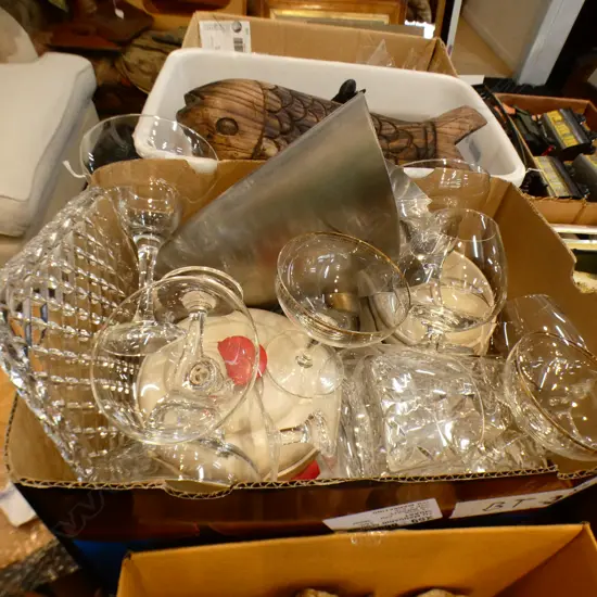 BOX LOT ASST. WHITE CHINA, DRINKING GLASSES