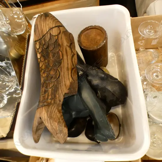 BOX LOT CARVED WOODEN ELEPHANTS, BLACK RESIN CAT ETC