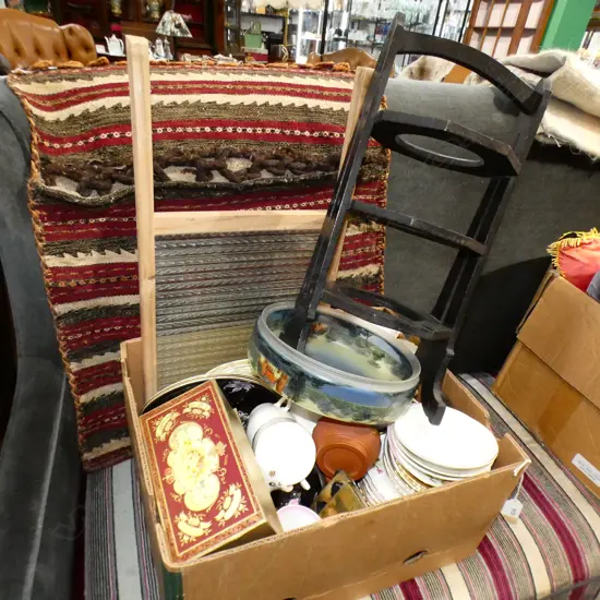 BOX LOT ASST. CHINA, TRIOS, GLASS WASH BOARD, PLATE STAND & LIGHT SHADE