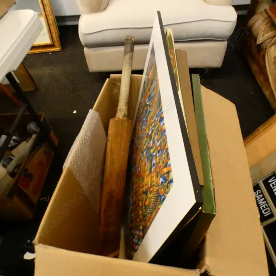 BOX LOT ASST. ARTWORKS; DEAN BUCHANAN 'WHANGAPOUA NIKAU' PRINT ETC + CRICKET BAT