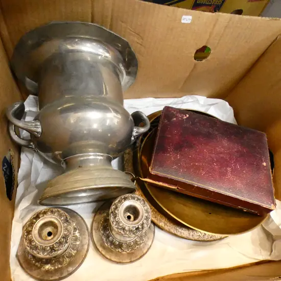 BOX OF METAL ITEMS, INCL. CHAMPAGNE BUCKET, CANDLESTICKS, BRAZER ETC