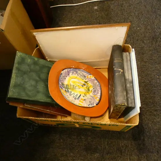 BOX MISC INCL POTTERY DISH, FISH CUTLERY ETC.