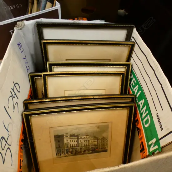 10 SMALL FRAMED WORKS .ENGRAVINGS MOSTLY ENGLISH SCENES HANDCOLORED SOME FAUXING