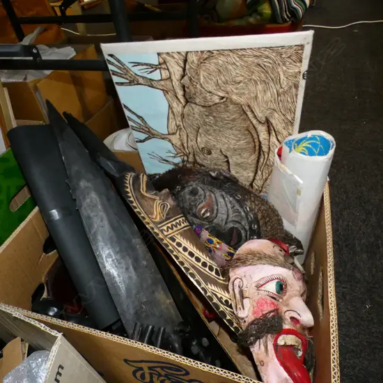 BOX LOT TRIBAL CARVINGS, ELEPHANTS, BESWICK MONK DRINKS SET 