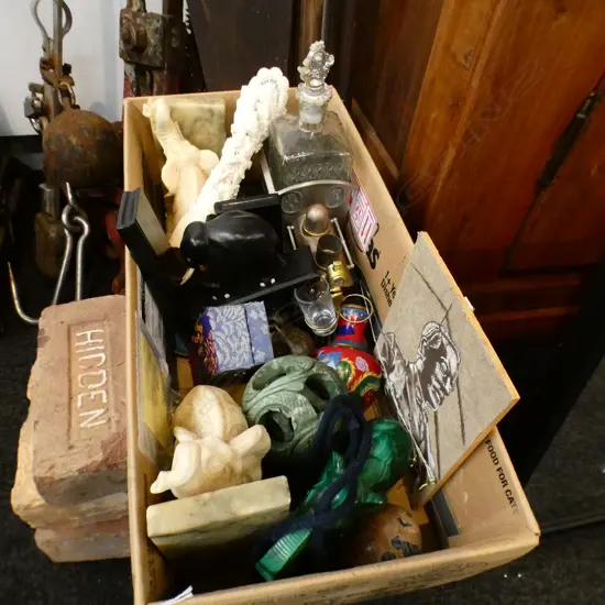 BOX LOT ORIENTAL ITEMS; ELEPHANTS, SOAP STONE PUZZLE BALL ETC