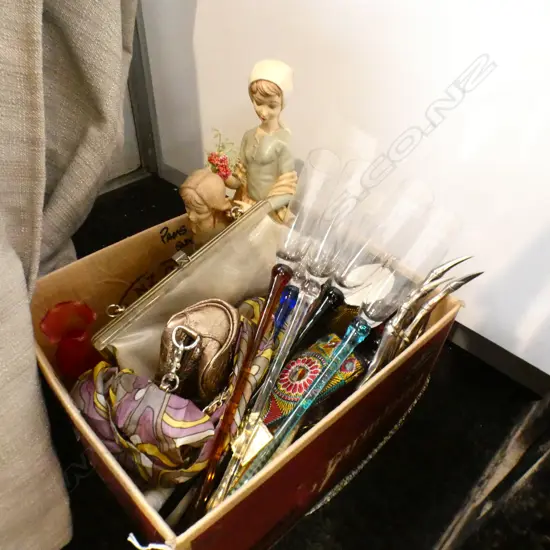 BOX LOT TALL CHAMPAGNE GLASSES, FIGURE, BAGS ETC