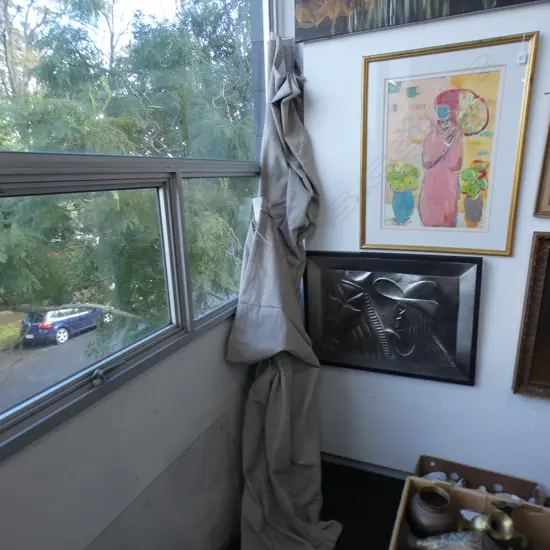 ROMAN BLINDS, size 2150mm (W) X 1350mm (H): size 1400mm (W) X 1350mm (H), matching, beige fabric, with brackets.