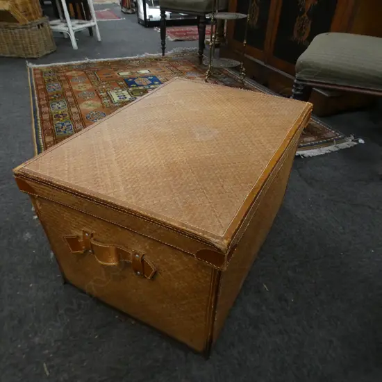 WOVEN CANE & LEATHER TRIM TRAVEL TRUNK W.690mm