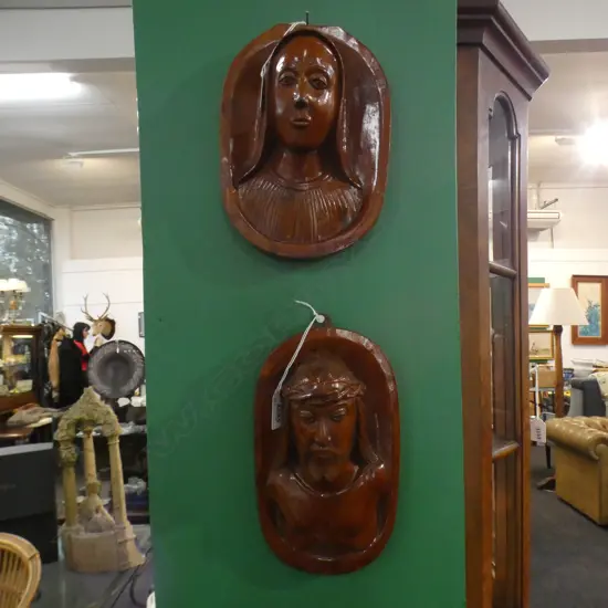 2 LACQUERED  WOODEN WALL PLAQUES BUSTS IN RELIEF OF JESUS AND MARY 220MM HIGH