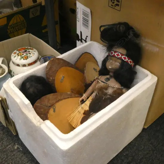 BOX LOT ASST. MAORI DOLLS & WOODEN PLAQUES