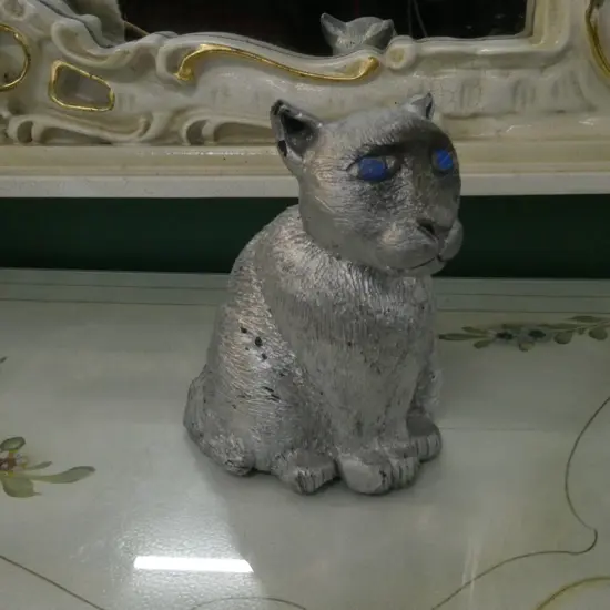 SILVER PAINTED POTTERY CAT DOOR STOP H.155mm