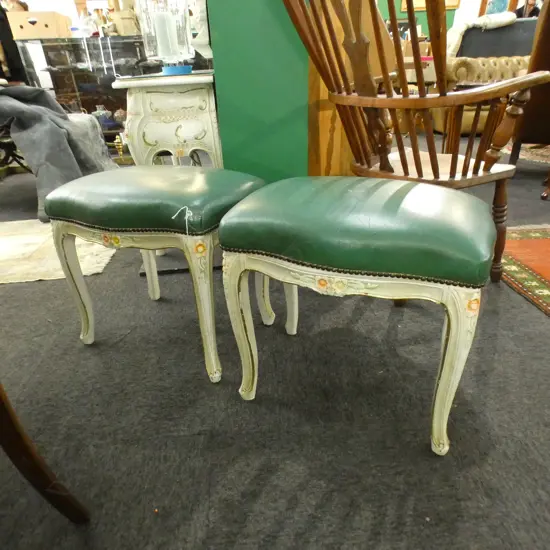 PR FRENCH STYLE STOOLS, GREEN UPHOLSTERY 