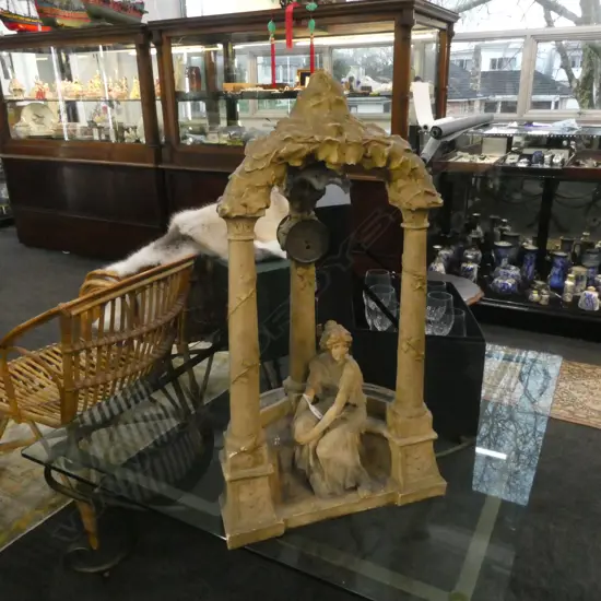 AMPHORA OR ROYAL DUX LARGE FIGURAL CLOCK SCUPTURE SEATED FIGURE IN GARDEN SETTING PILLARS w INTEGRATED CLOCK AF 830MM