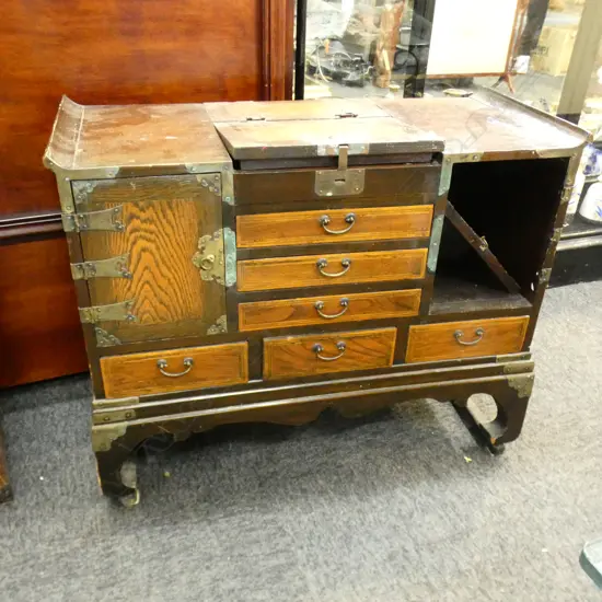 VINTAGE ORIENTAL LOW CABINET MULTI DOORS & DRAWERS 695 x 325 x 550mm. DOOR LOOSE