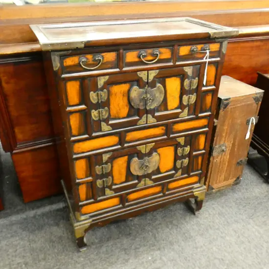 ORIENTAL WOODEN CABINET - 3 DRAWERS & 2 CUPBOARDS  - BRASS TRIMS L 635 H 850MM