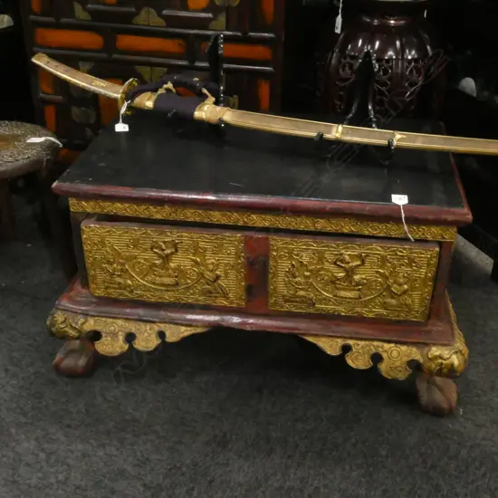 OLD GILDED SINGLE DRAWER CHEST - ORNATE FILIGREE GILDING - BLACK PAINTED TOP L 670MM