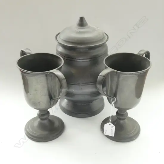 LATE 19thC CONTINENTAL PEWTER LARGE LIDDED JAR (FINIAL BROKEN OFF) H.270mm + 2x CHALICE CUPS