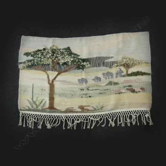 STH AFRICAN VILLAGE WEAVERS WALL RUG W ELEPHANTS - 970 X 1320MM IN NEED OF ATTENTION