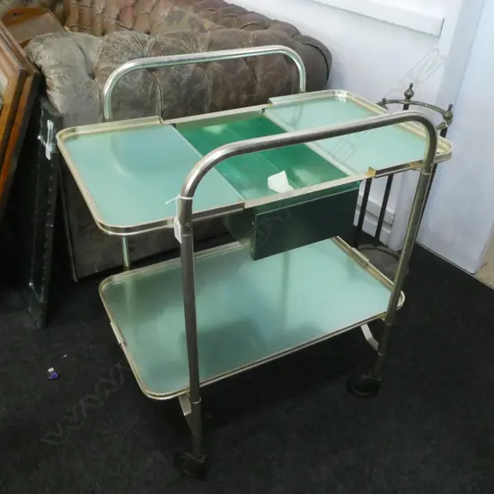 GREEN TWO TIER 1950S METAL TROLLEY 750MM HIGH 680MM WIDE 