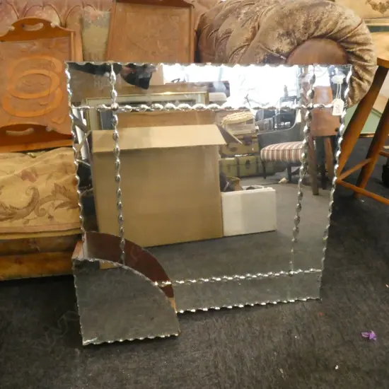 DECO STYLE WALL MIRROR RHOMBUS SHAPE SCALLOPED DETAIL LOWER SHELFSLIGHT FRACTURE TO BASE 890MM HIGH