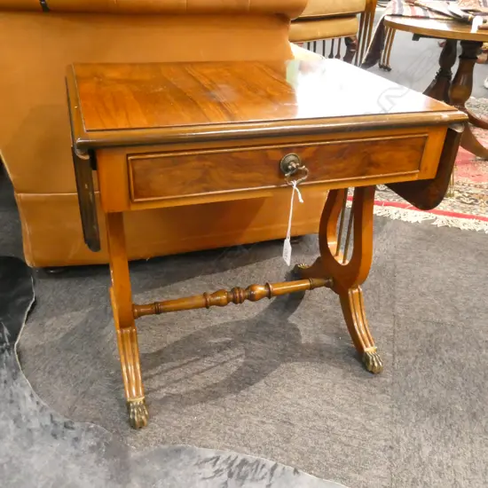 REGENCY STYLE WALNUT MINIATURE SOFA TABLE LYRE SUPPORTS H.480mm