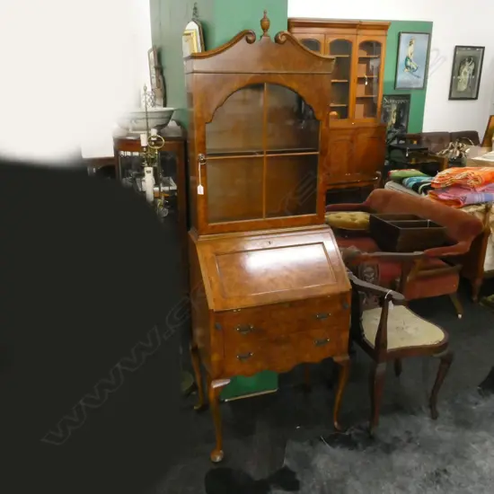 QUEEN ANNE STYLE BURR WALNUT QUALITY SMALL BOOKCASE BEREAU H.1800mm 