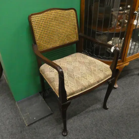 MAHOGANY CABRIOLE LEG CANE BACK CARVER CHAIR 