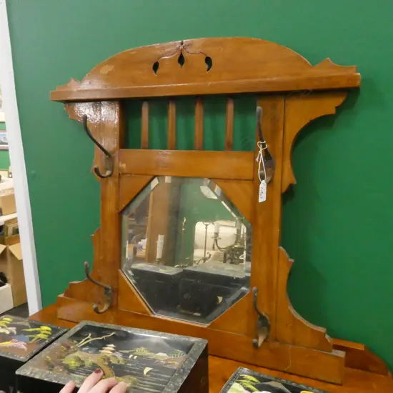 COLONIAL RIMU HALL MIRROR WITH COAT HOOKS BEVELLED OCTANGULAR MIRROR 605MM HIGH 614 WIDE