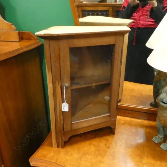 COLONIAL RIMU WALL CORNER CABINET ASSYMETRICAL CANTED SIDES GLAS DOOR (SOME BORER) 480MM HIGH 380MM WIDE