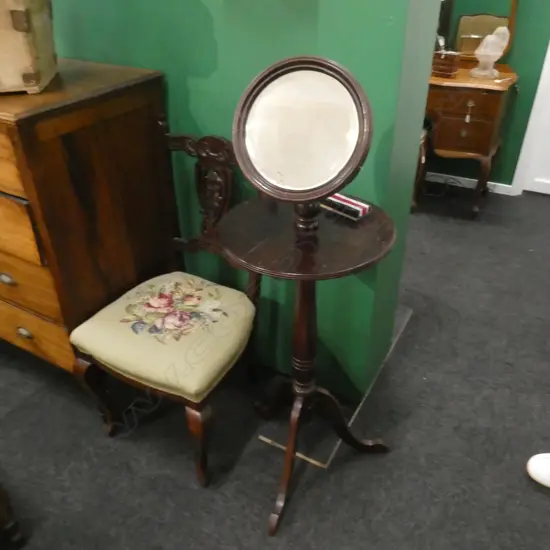 REPRO MAHOGANY SHAVING STAND CIRCULAR ADJUSTABLE MIRROR CIRCULAR PLATEAU BELOW ON TREFOIL BASE 1200MM HIGH 