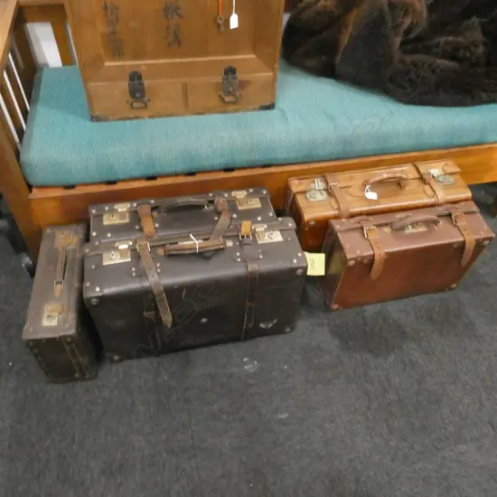 5 VINTAGE LEATHER SUITCASES 