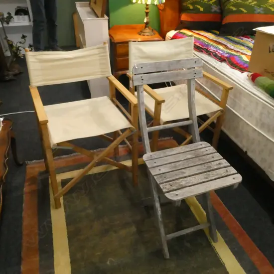 3 FOLDING CHAIRS; PR FABRIC DIRECTORS CHAIRS + WOODEN 