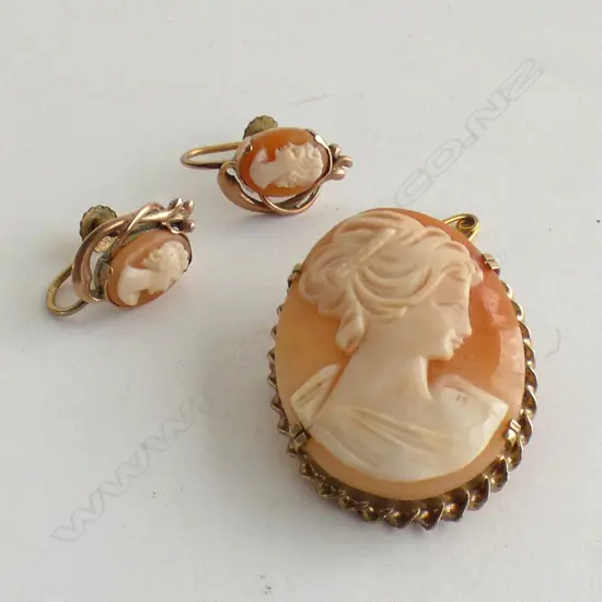 3 PC SET; CAMEO EARRINGS & BROOCH WITH SAFETY CHAIN