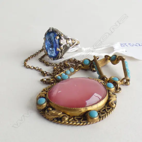 OLD BLUE STONE RING & PINK & TURQUOISE NECKLACE - MARKED CZECH