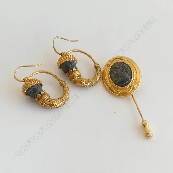 GOLD TONED STICK PIN & EARRINGS FROM MESOPOTAMIA EXHIBITION IN VENICE