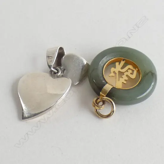 2 PENDANTS; STG SILVER DOUBLE HEART + JADE CIRCLE 